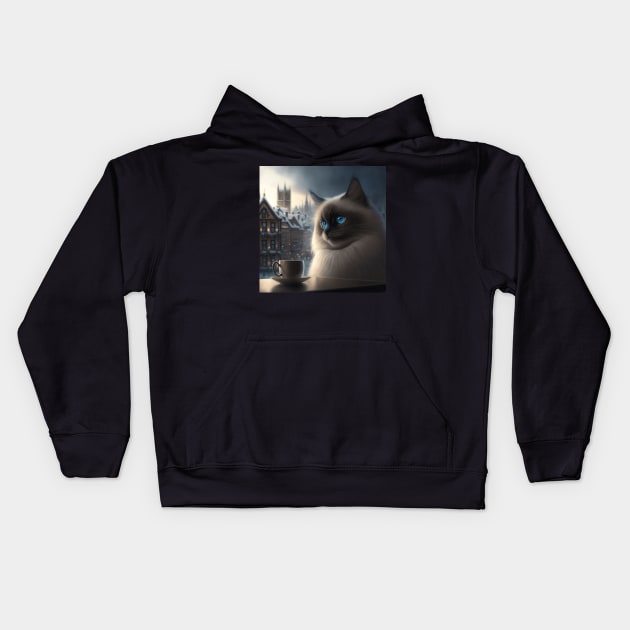 Birman Cat Enjoys A Coffee Kids Hoodie by Enchanted Reverie